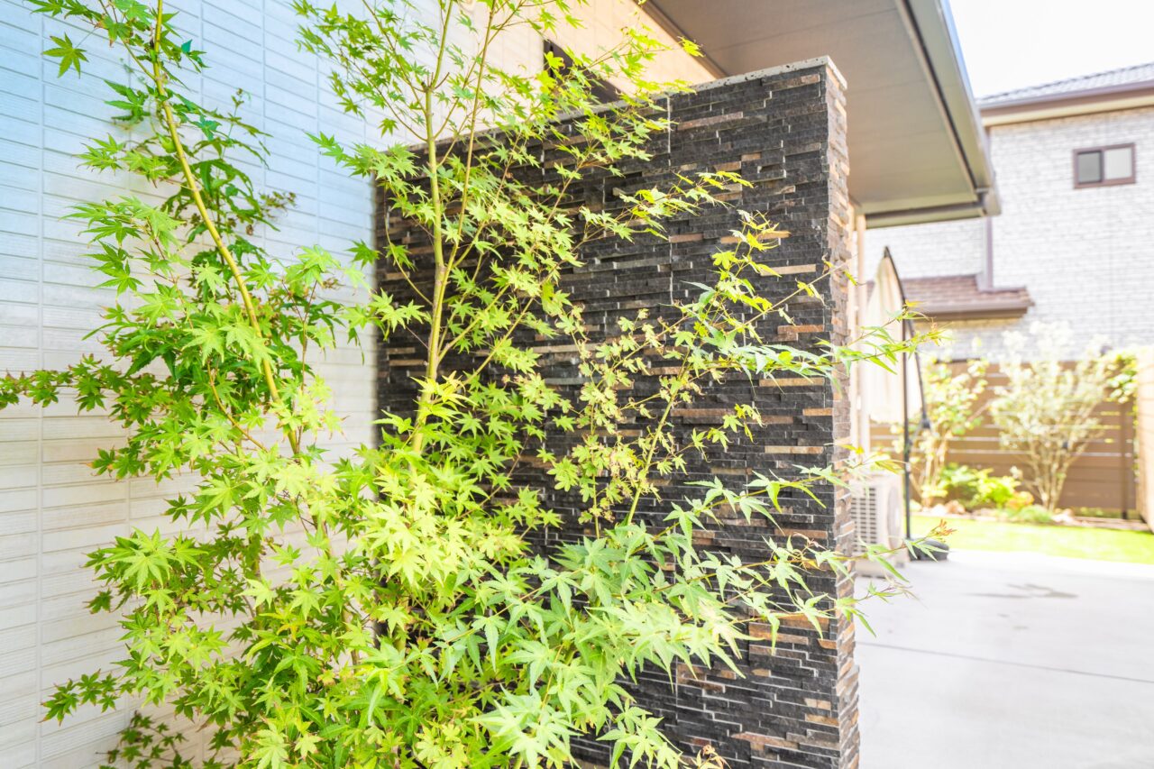 北九州市小倉南区の外構リフォームで施工したイロハモミジと天然石の造作塀のデザイン