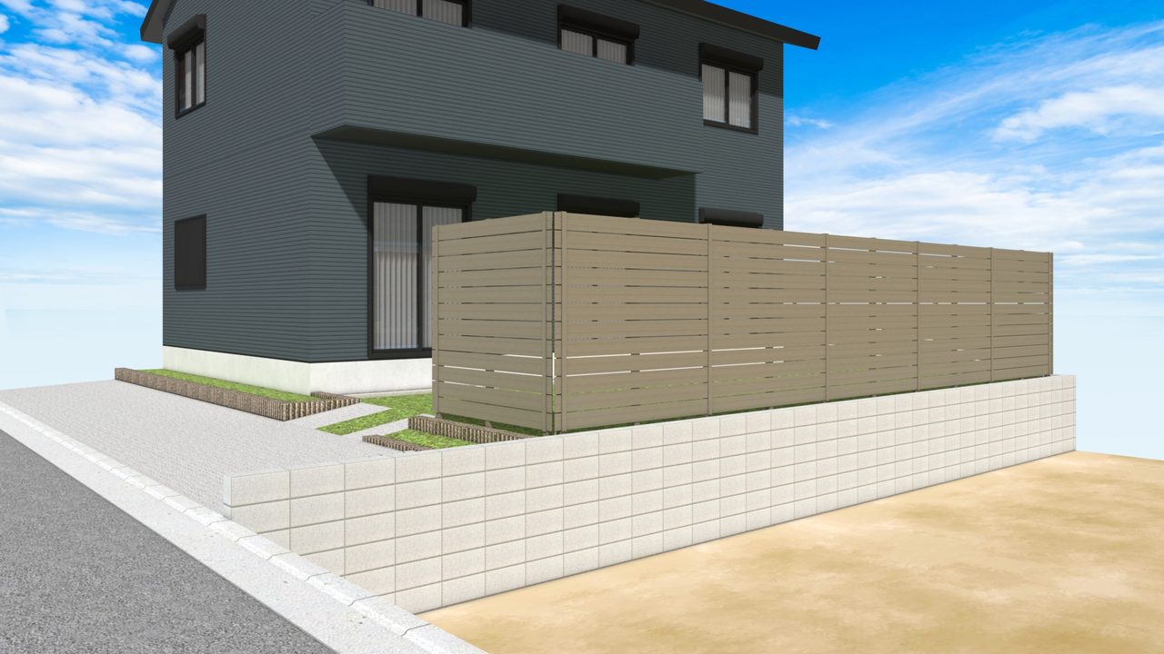 比較検討用のCADパース。建物とのバランスを確認できる、グローベン「プラドOne」（アンティークグレー）の外観イメージ。