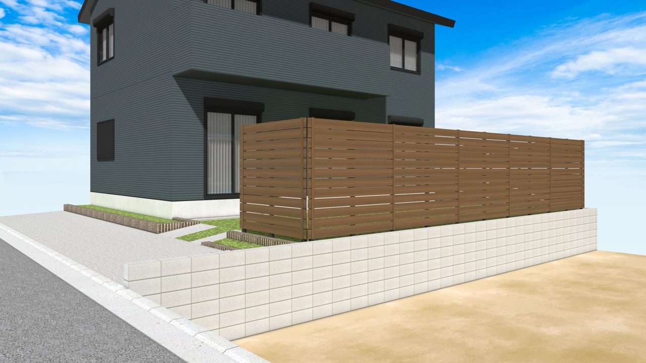比較検討用のCADパース。建物とのバランスを確認できる、グローベン「プラドOne」（ウォルナットブラウン）の外観イメージ。